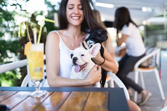 Woman and Dog sitting on a couch